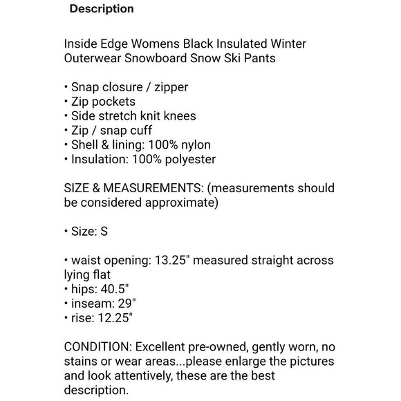 Inside Edge Womens Insulated Winter Outerwear Snowboard Snow Ski Pants  S  Black - Picture 11 of 11